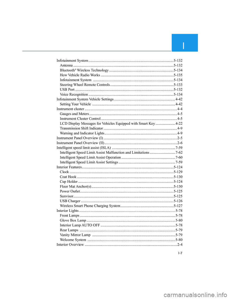 HYUNDAI SANTA CRUZ 2022  Owners Manual I
I-7
Infotainment System .......................................................................................... 5-132
Antenna .....................................................................