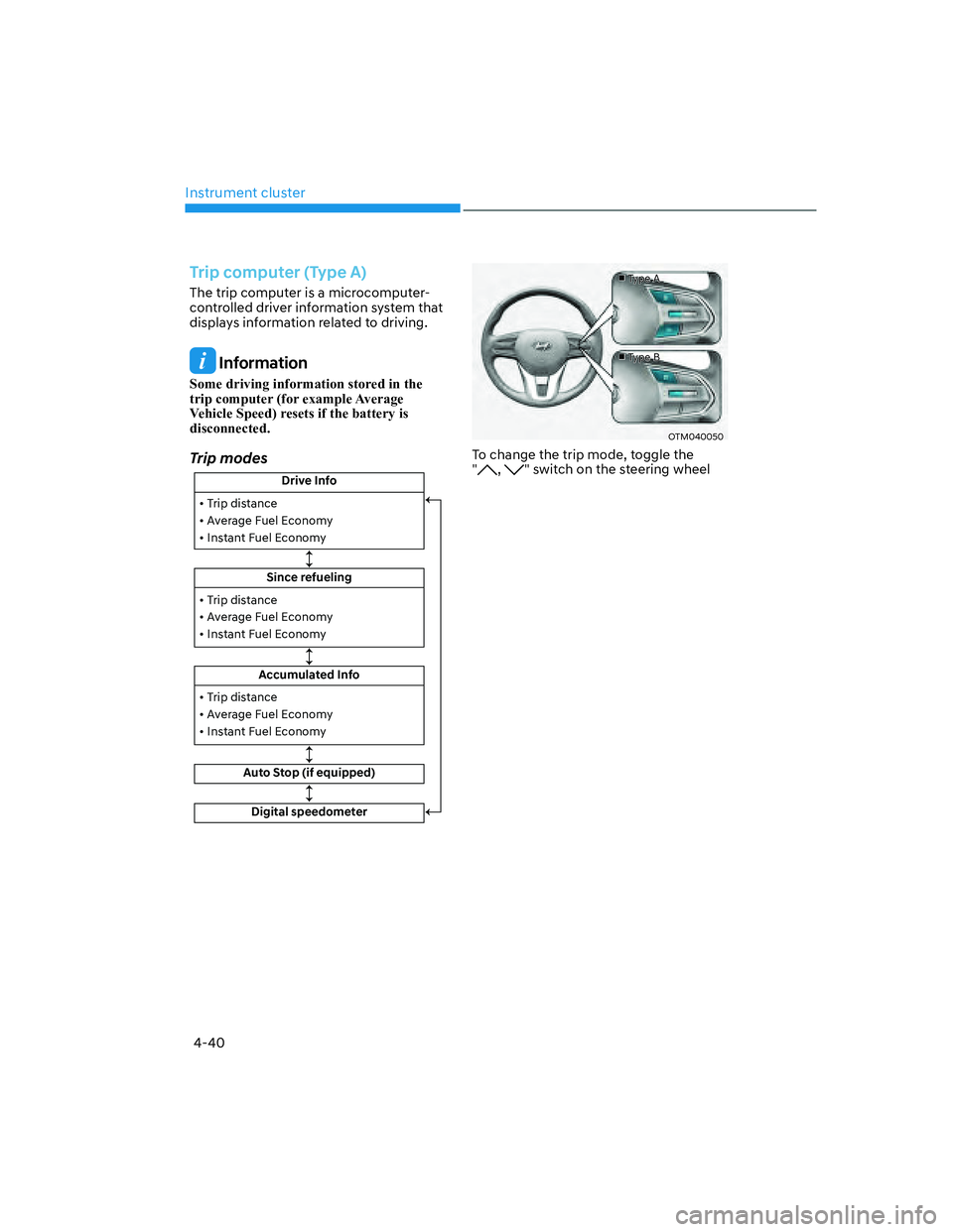 HYUNDAI SANTA FE 2022  Owners Manual Instrument cluster
4-40
Trip computer (Type A)
The trip computer is a microcomputer-
controlled driver information system that 
displays information related to driving.
 Information
Some driving infor