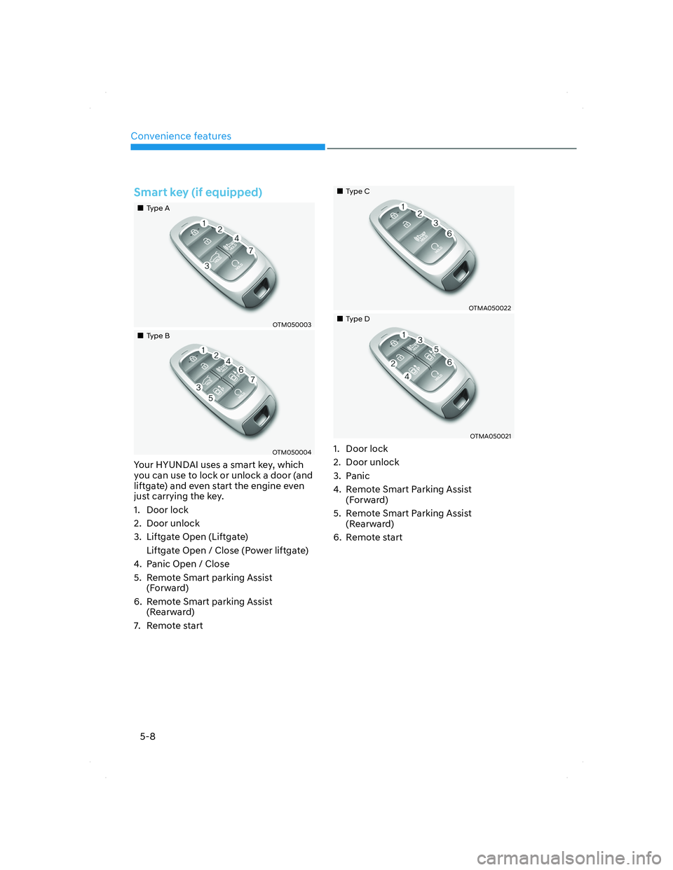 HYUNDAI SANTA FE 2022  Owners Manual Convenience features
5-8
Smart key (if equipped)
���„�„Type AType A
OTM050003OTM050003
���„�„Type B Type B 
OTM050004OTM050004
Your HYUNDAI uses a smart key, which 
you can use to lock or 