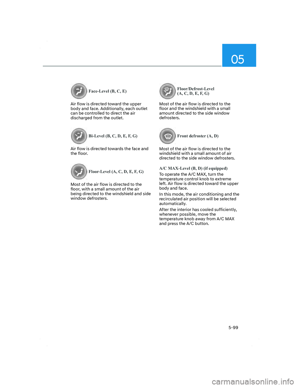 HYUNDAI SANTA FE 2022  Owners Manual 05
5-99
Face-Level (B, C, E)
Air flow is directed toward the upper 
body and face. Additionally, each outlet 
can be controlled to direct the air 
discharged from the outlet.
Bi-Level (B, C, D, E, F, 
