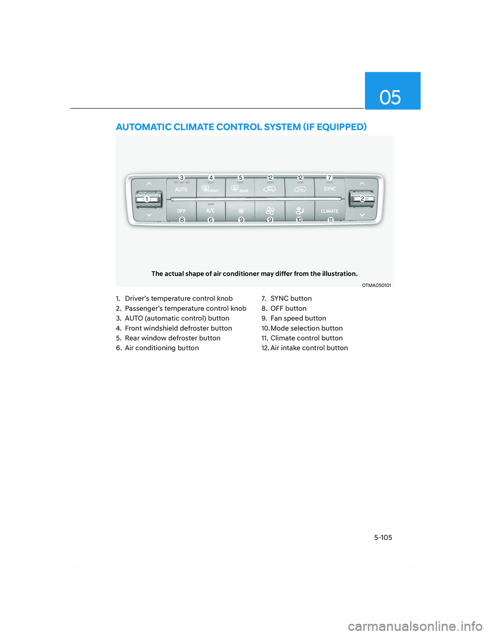 HYUNDAI SANTA FE 2022  Owners Manual 05
5-105
The actual shape of air conditioner may differ from the illustration.
OTMA050101OTMA050101
 AUTOMATIC CLIMATE CONTROL SYSTEM (IF EQUIPPED)
1.  Driver’s temperature control knob
2.  Passenge