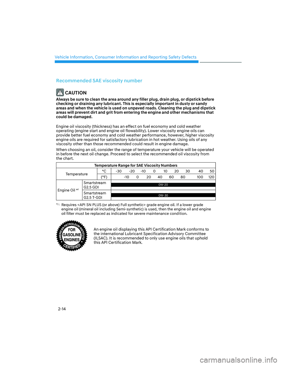 HYUNDAI SANTA FE 2022 Owners Manual Vehicle Information, Consumer Information and Reporting Safety Defects
2-14
Recommended SAE viscosity number
 CAUTION
Always be sure to clean the area around any filler plug, drain plug, or dipstick b