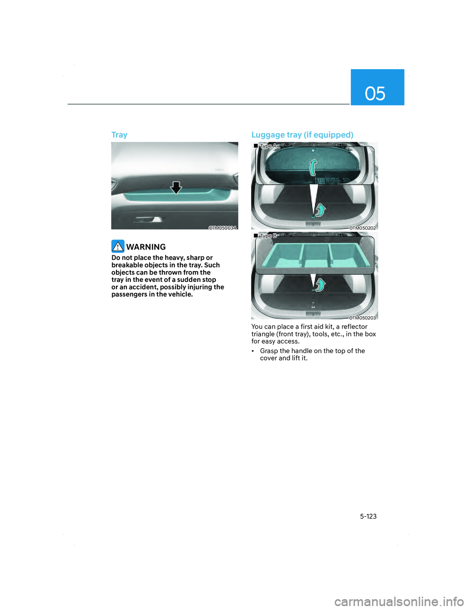 HYUNDAI SANTA FE 2022 Owners Manual 05
5-123
Tray
OTM050034OTM050034
WARNING
Do not place the heavy, sharp or
breakable objects in the tray. Such
objects can be thrown from the
tray in the event of a sudden stop
or an accident, pos HYUNDAI SANTA FE 2022 Owners Manual 05
5-123
Tray
OTM050034OTM050034
WARNING
Do not place the heavy, sharp or
breakable objects in the tray. Such
objects can be thrown from the
tray in the event of a sudden stop
or an accident, pos