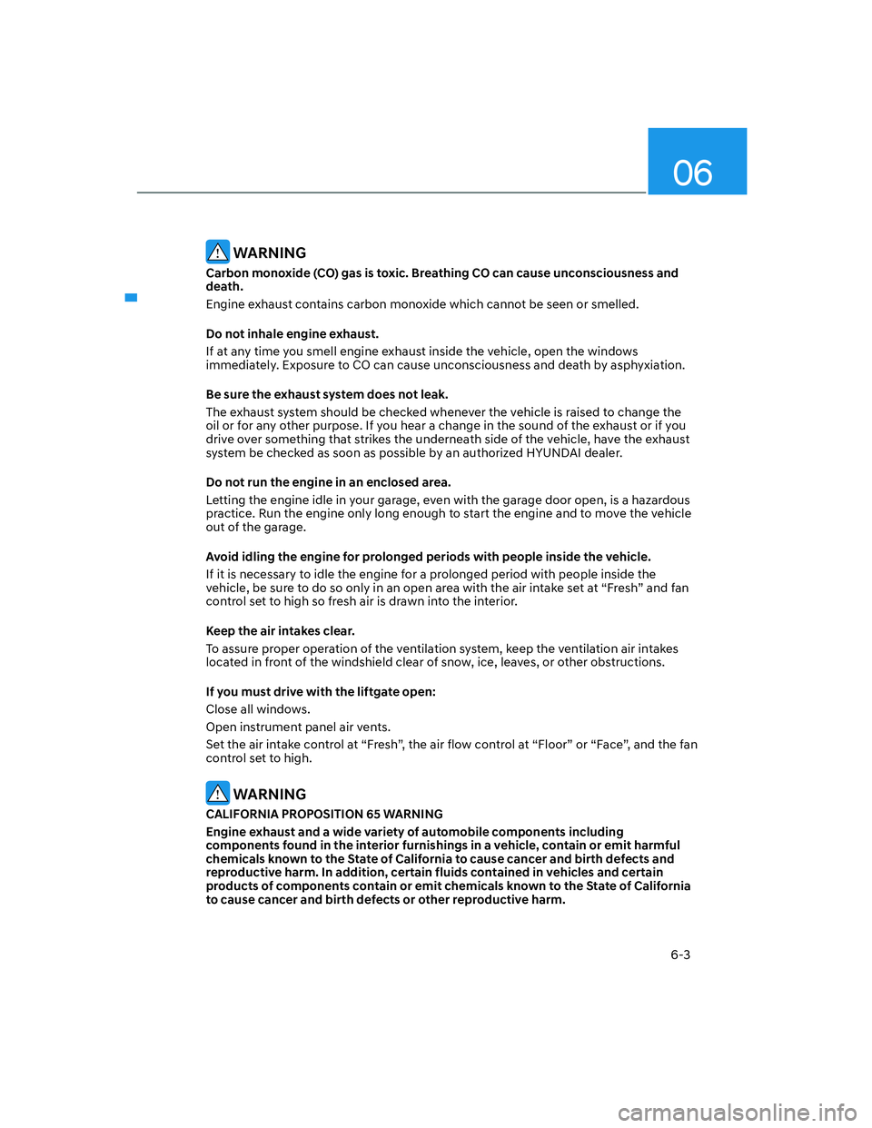 HYUNDAI SANTA FE 2022  Owners Manual 06
6-3
 WARNING
Carbon monoxide (CO) gas is toxic. Breathing CO can cause unconsciousness and 
death.
Engine exhaust contains carbon monoxide which cannot be seen or smelled.
Do not inhale engine exha