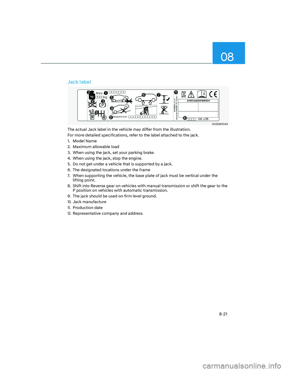 HYUNDAI SANTA FE 2022 Owners Manual 08
8-21
Jack label
OOS067043OOS067043
The actual Jack label in the vehicle may differ from the illustration.
For more detailed specifications, refer to the label attached to the jack.
1. Model Name
2. HYUNDAI SANTA FE 2022 Owners Manual 08
8-21
Jack label
OOS067043OOS067043
The actual Jack label in the vehicle may differ from the illustration.
For more detailed specifications, refer to the label attached to the jack.
1. Model Name
2.