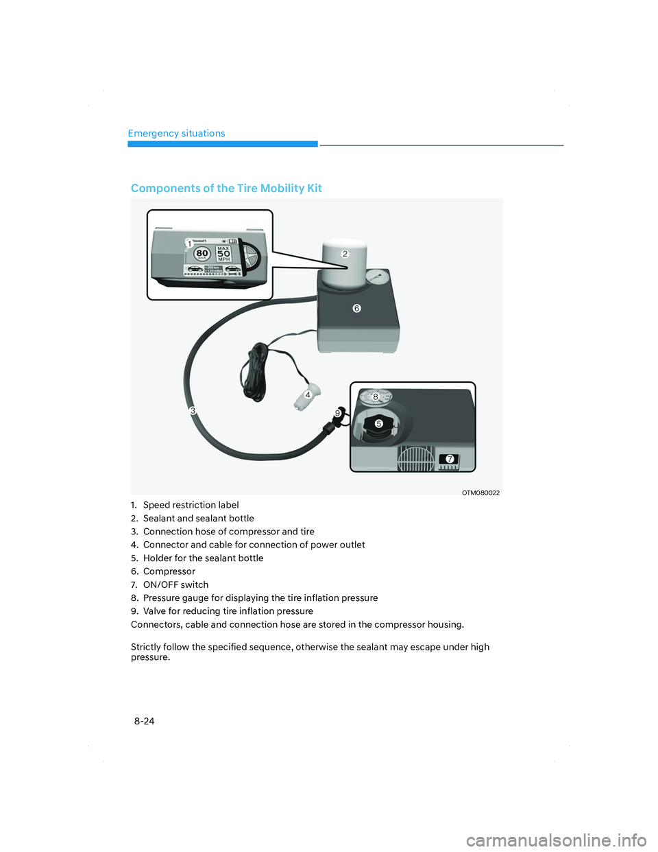 HYUNDAI SANTA FE 2022 Owners Manual Emergency situations
8-24
Components of the Tire Mobility Kit
OTM080022OTM080022
1. Speed restriction label
2. Sealant and sealant bottle
3. Connection hose of compressor and tire
4. Connector and HYUNDAI SANTA FE 2022 Owners Manual Emergency situations
8-24
Components of the Tire Mobility Kit
OTM080022OTM080022
1. Speed restriction label
2. Sealant and sealant bottle
3. Connection hose of compressor and tire
4. Connector and