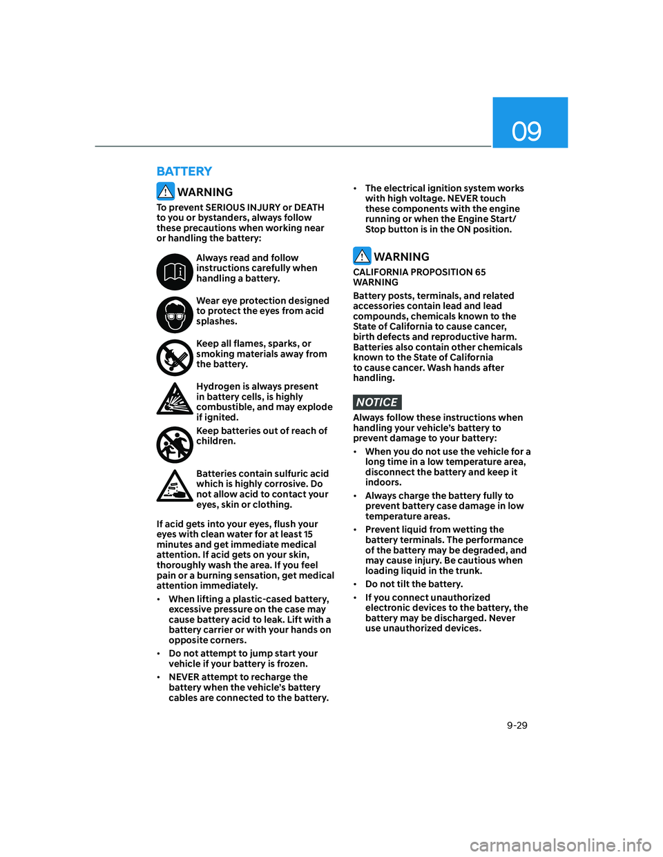 HYUNDAI SANTA FE 2022  Owners Manual 09
9-29
 WARNING
To prevent SERIOUS INJURY or DEATH 
to you or bystanders, always follow 
these precautions when working near 
or handling the battery:
Always read and follow 
instructions carefully w