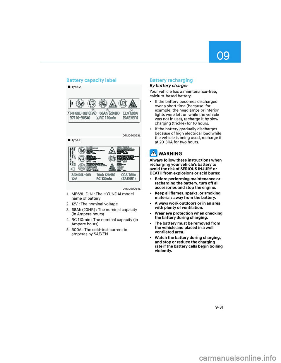 HYUNDAI SANTA FE 2022  Owners Manual 09
9-31
Battery capacity label
��„Type A
OTM090063L
��„Type B
OTM090064L
1.  MF68L-DIN : The HYUNDAI model 
name of battery
2.  12V : The nominal voltage
3.  68Ah (20HR) : The nominal capacity 
