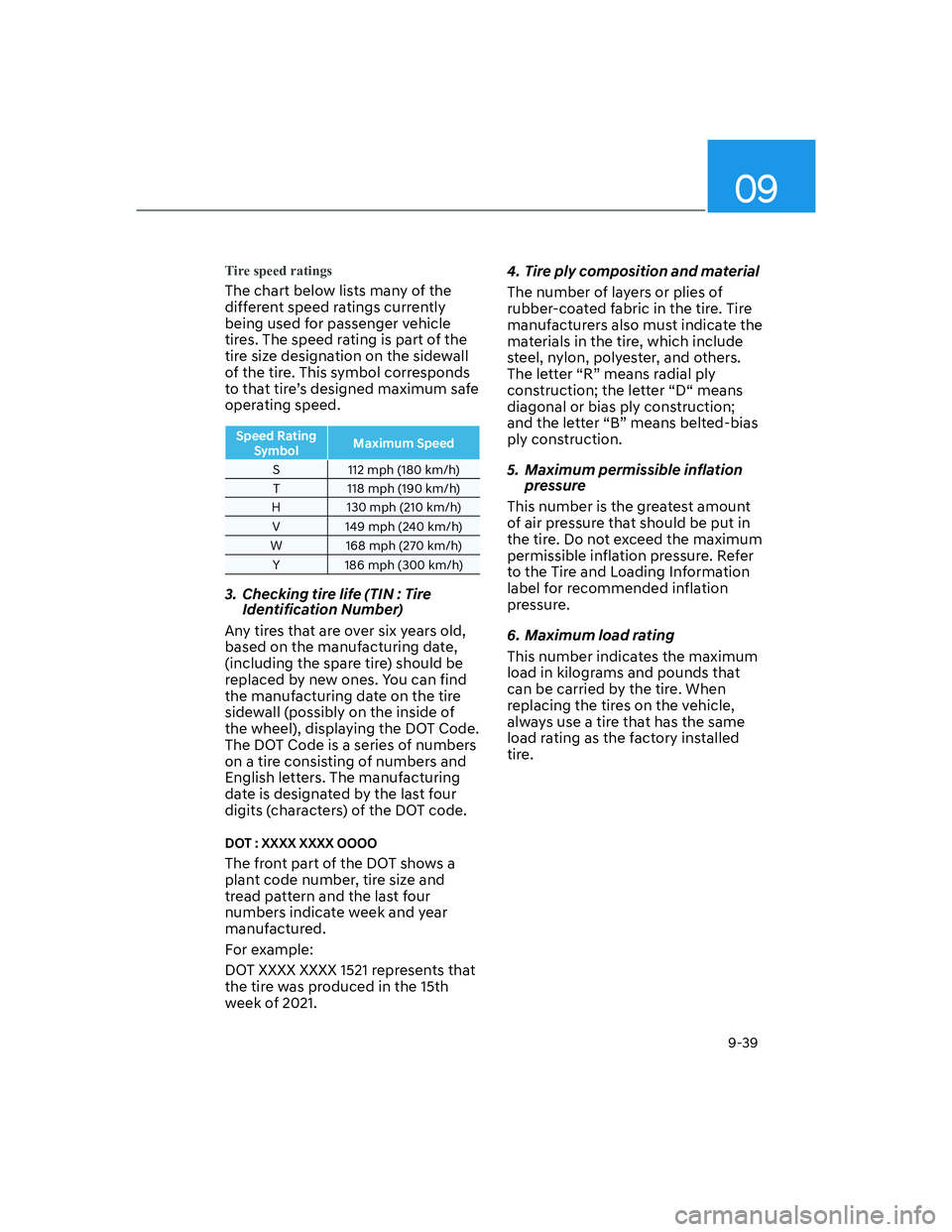 HYUNDAI SANTA FE 2022  Owners Manual 09
9-39
Tire speed ratings
The chart below lists many of the 
different speed ratings currently 
being used for passenger vehicle 
tires. The speed rating is part of the 
tire size designation on the 