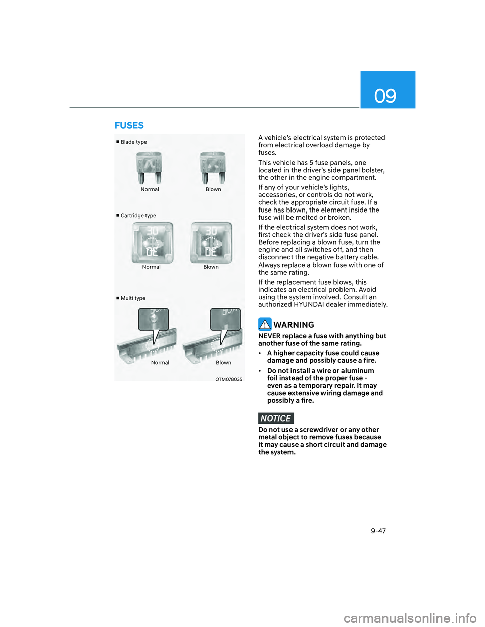 HYUNDAI SANTA FE 2022  Owners Manual 09
9-47
v
 Blade type
v
 Cartridge type
v
 Multi typeNormal Blown
Normal Blown
Normal Blown
OTM078035
A vehicle’s electrical system is protected 
from electrical overload damage by 
fuses.
This v