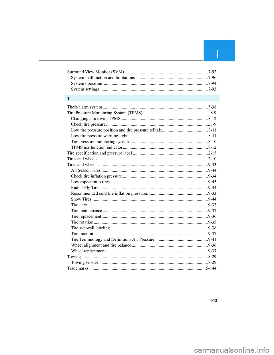 HYUNDAI SANTA FE 2022  Owners Manual I
I-13
Surround View Monitor (SVM)  .......................................................................... 7-92
  System malfunction and limitations  ..............................................