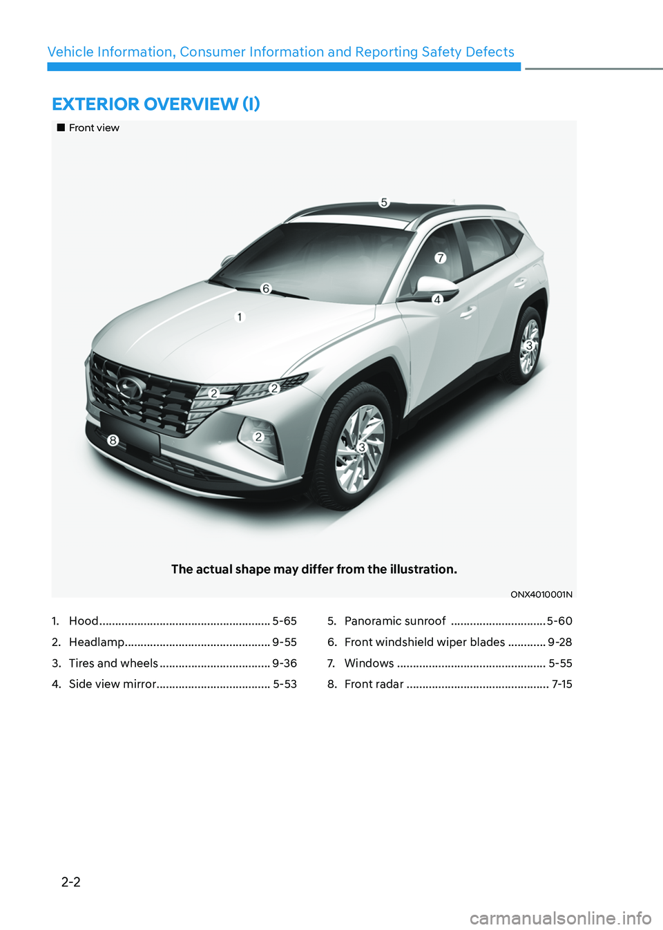 HYUNDAI TUCSON 2022  Owners Manual 2-2
Vehicle Information, Consumer Information and Reporting Safety Defects
EXTERIOR OVERVIEW (I)
„„Front view
The actual shape may differ from the illustration.
ONX4010001N
1. Hood .........