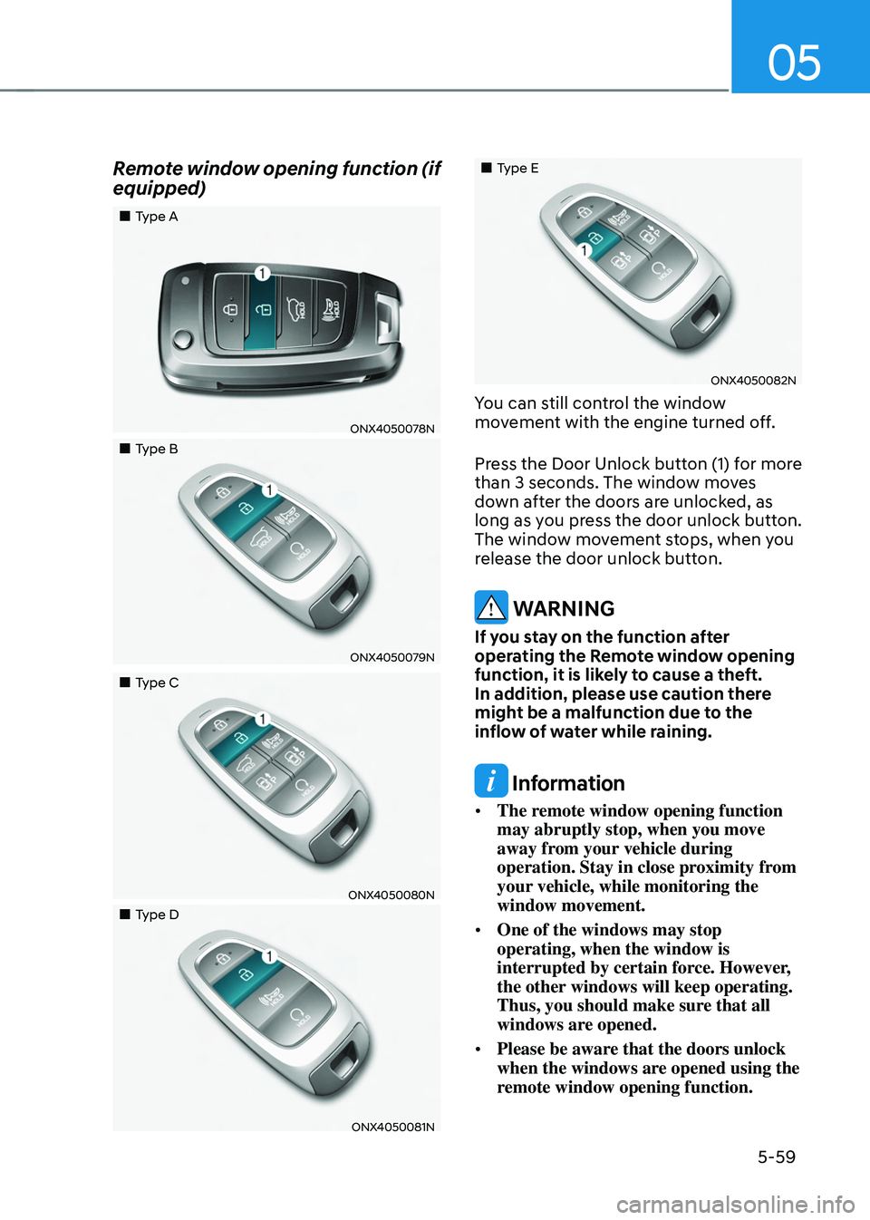 HYUNDAI TUCSON 2022  Owners Manual 05
5-59
Remote window opening function (if 
equipped)
„„Type A
ONX4050078N
„„Type B
ONX4050079N
„„Type C
ONX4050080N
„„Type D
ONX4050081N
„„Type E
ONX