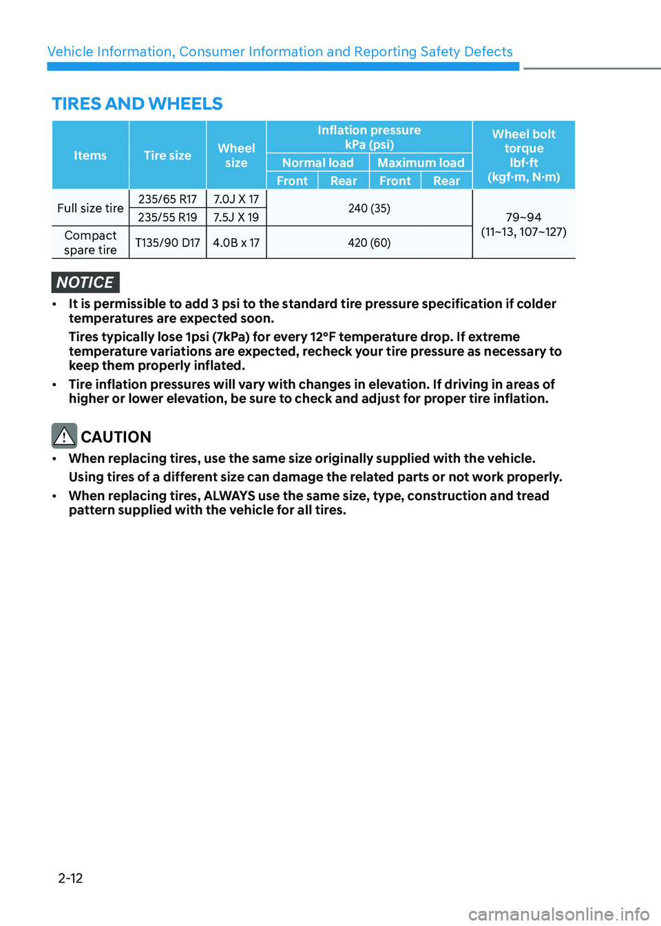 HYUNDAI TUCSON 2022 Owners Manual Vehicle Information, Consumer Information and Reporting Safety Defects
2-12
ItemsTire size Wheel
size Inflation pressure
kPa (psi) Wheel bolt
torque lbf·ft
(kgf·m, N·m)
Normal load
Maximum l HYUNDAI TUCSON 2022 Owners Manual Vehicle Information, Consumer Information and Reporting Safety Defects
2-12
ItemsTire size Wheel
size Inflation pressure
kPa (psi) Wheel bolt
torque lbf·ft
(kgf·m, N·m)
Normal load
Maximum l