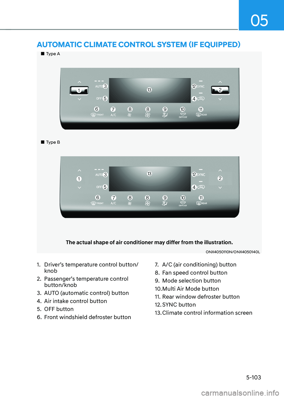 HYUNDAI TUCSON 2022 Owners Manual 05
5-103
Type A
Type B
The actual shape of air conditioner may differ from the illustration.
ONX4050110N/ONX4050140L
AUTOMATIC CLIMATE CONTROL SYSTEM (IF EQUIPPED)
1. Driver’ HYUNDAI TUCSON 2022 Owners Manual 05
5-103
Type A
Type B
The actual shape of air conditioner may differ from the illustration.
ONX4050110N/ONX4050140L
AUTOMATIC CLIMATE CONTROL SYSTEM (IF EQUIPPED)
1. Driver’