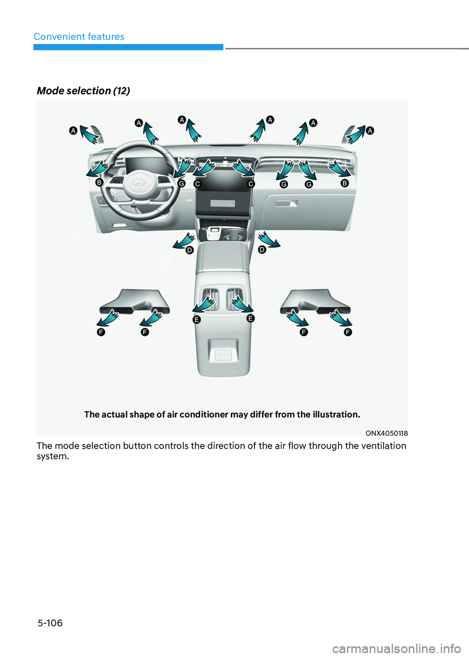 HYUNDAI TUCSON 2022 Owners Manual Convenient features
5-106
Mode selection (12)
The actual shape of air conditioner may differ from the illustration.
ONX4050118
The mode selection button controls the direction of the air flow through HYUNDAI TUCSON 2022 Owners Manual Convenient features
5-106
Mode selection (12)
The actual shape of air conditioner may differ from the illustration.
ONX4050118
The mode selection button controls the direction of the air flow through