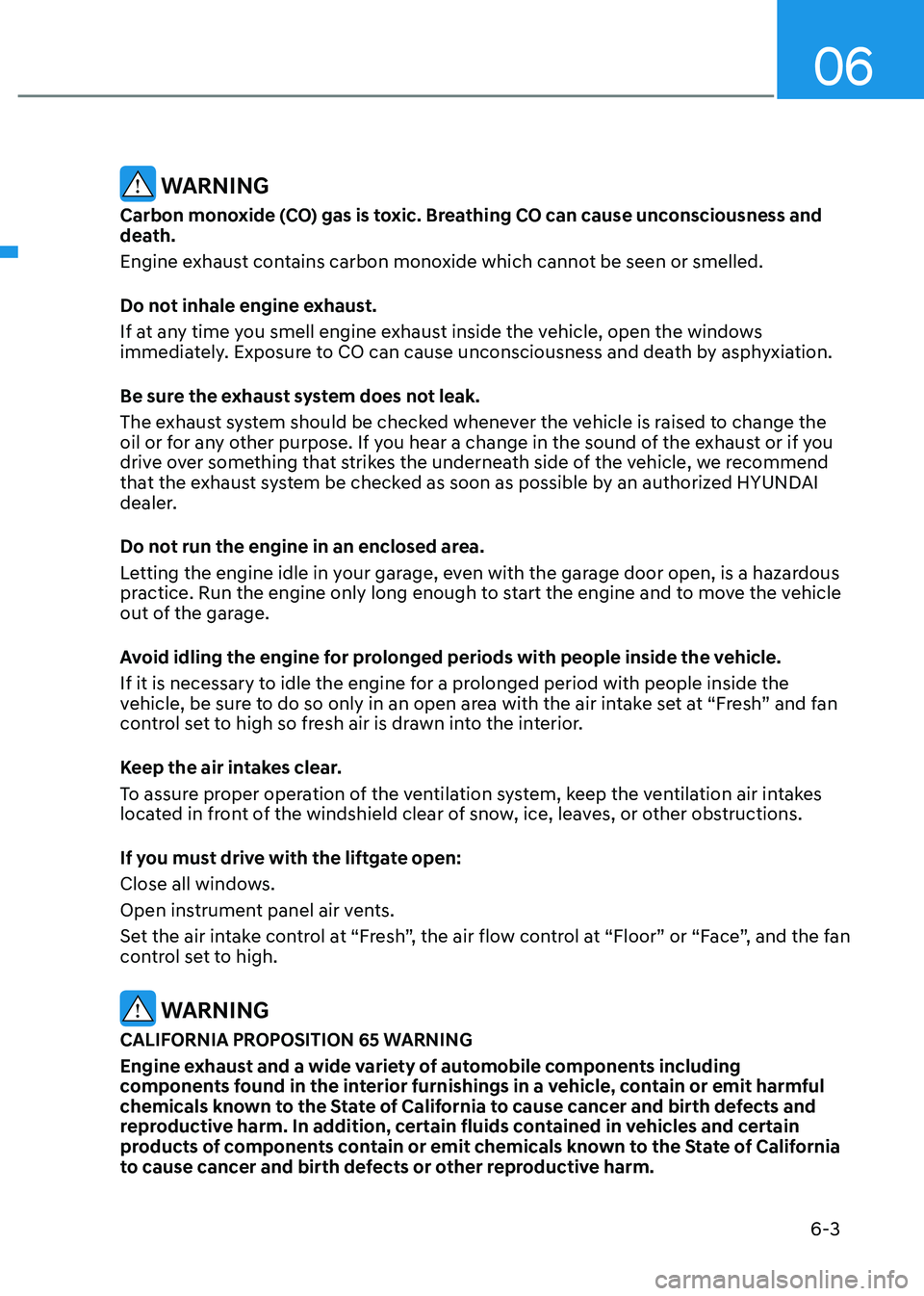 HYUNDAI TUCSON 2022 Owners Manual 06
6-3
WARNING
Carbon monoxide (CO) gas is toxic. Breathing CO can cause unconsciousness and
death.
Engine exhaust contains carbon monoxide which cannot be seen or smelled.
Do not inhale engine exha HYUNDAI TUCSON 2022 Owners Manual 06
6-3
WARNING
Carbon monoxide (CO) gas is toxic. Breathing CO can cause unconsciousness and
death.
Engine exhaust contains carbon monoxide which cannot be seen or smelled.
Do not inhale engine exha