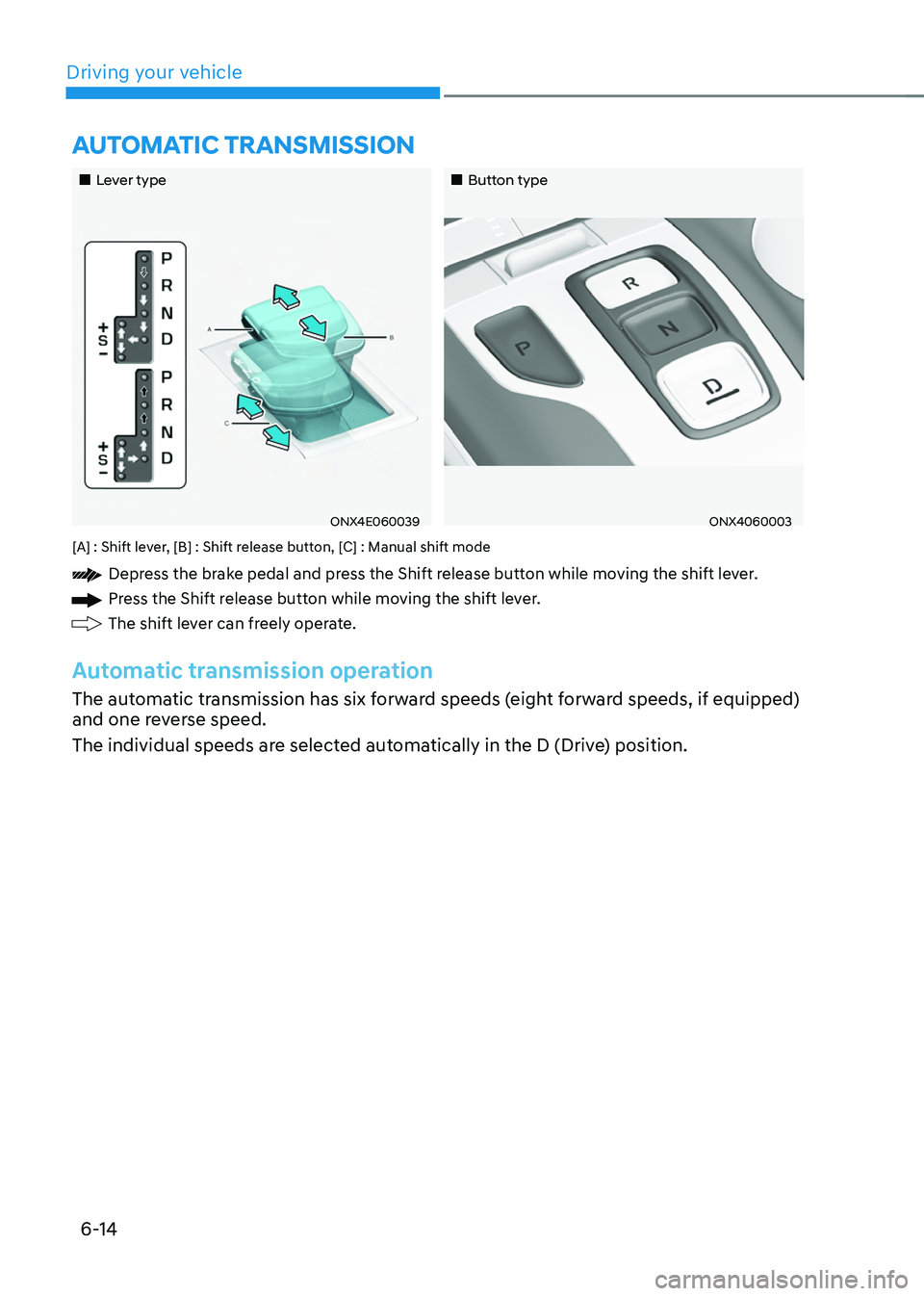 HYUNDAI TUCSON 2022  Owners Manual Driving your vehicle6-14
„„Lever type„„Button type
ONX4E060039ONX4060003
[A] : Shift lever, [B] : Shift release button, [C] : Manual shift mode
Depress the brake pedal and press th