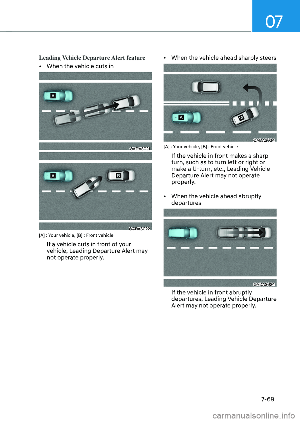 HYUNDAI TUCSON 2022  Owners Manual 07
7-69
Leading Vehicle Departure Alert feature
•	When the vehicle cuts in
OADAS021
OADAS022[A] : Your vehicle, [B] : Front vehicle
If a vehicle cuts in front of your 
vehicle, Leading Departure Ale