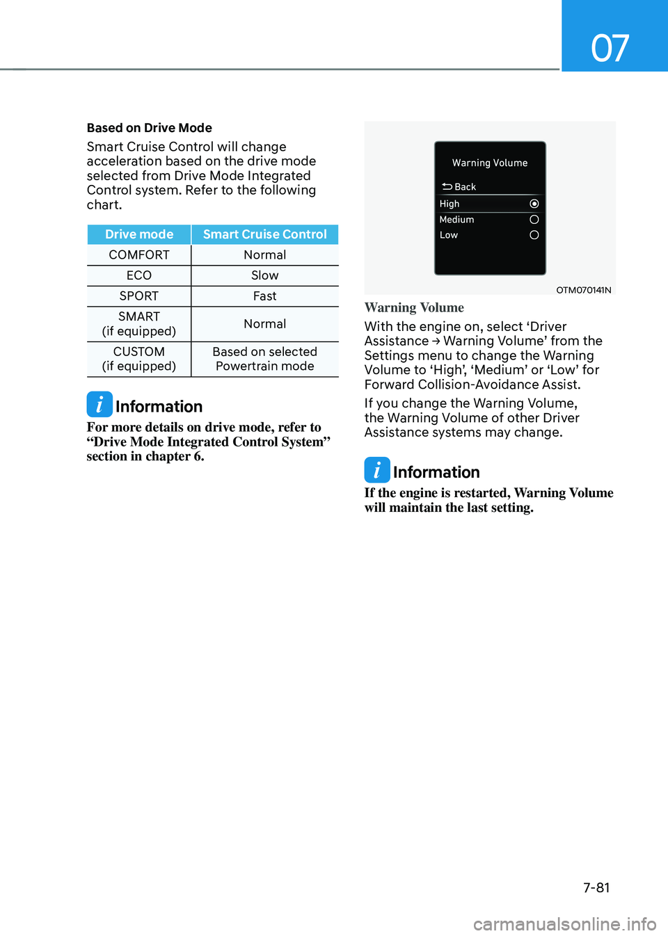 HYUNDAI TUCSON 2022 Owners Manual 07
7-81
Based on Drive Mode
Smart Cruise Control will change
acceleration based on the drive mode
selected from Drive Mode Integrated
Control system. Refer to the following
chart.
Drive modeSmart HYUNDAI TUCSON 2022 Owners Manual 07
7-81
Based on Drive Mode
Smart Cruise Control will change
acceleration based on the drive mode
selected from Drive Mode Integrated
Control system. Refer to the following
chart.
Drive modeSmart