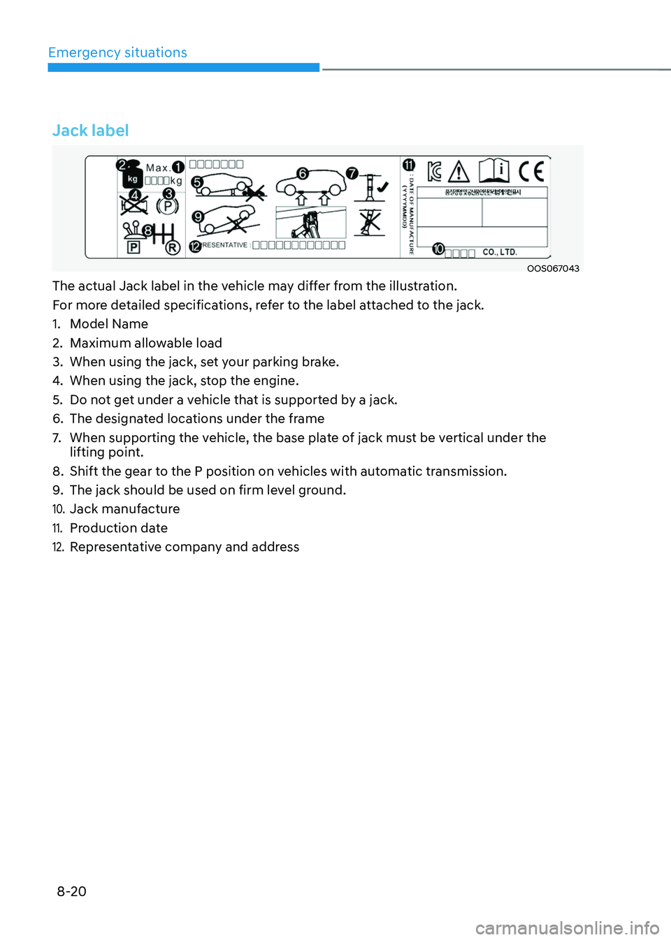 HYUNDAI TUCSON 2022 Owners Manual Emergency situations
8-20
Jack label
OOS067043
The actual Jack label in the vehicle may differ from the illustration.
For more detailed specifications, refer to the label attached to the jack.
1. Mode HYUNDAI TUCSON 2022 Owners Manual Emergency situations
8-20
Jack label
OOS067043
The actual Jack label in the vehicle may differ from the illustration.
For more detailed specifications, refer to the label attached to the jack.
1. Mode