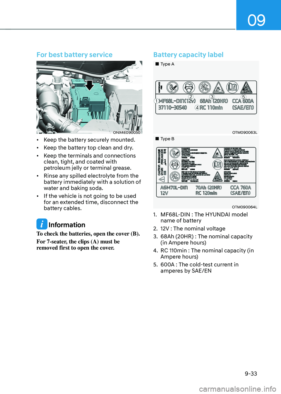 HYUNDAI TUCSON 2022  Owners Manual 09
9-33
For best battery service
ONX4E090050
•	Keep the battery securely mounted.
•	 Keep the battery top clean and dry.
•	 Keep the terminals and connections 
clean, tight, and coated with 
pet