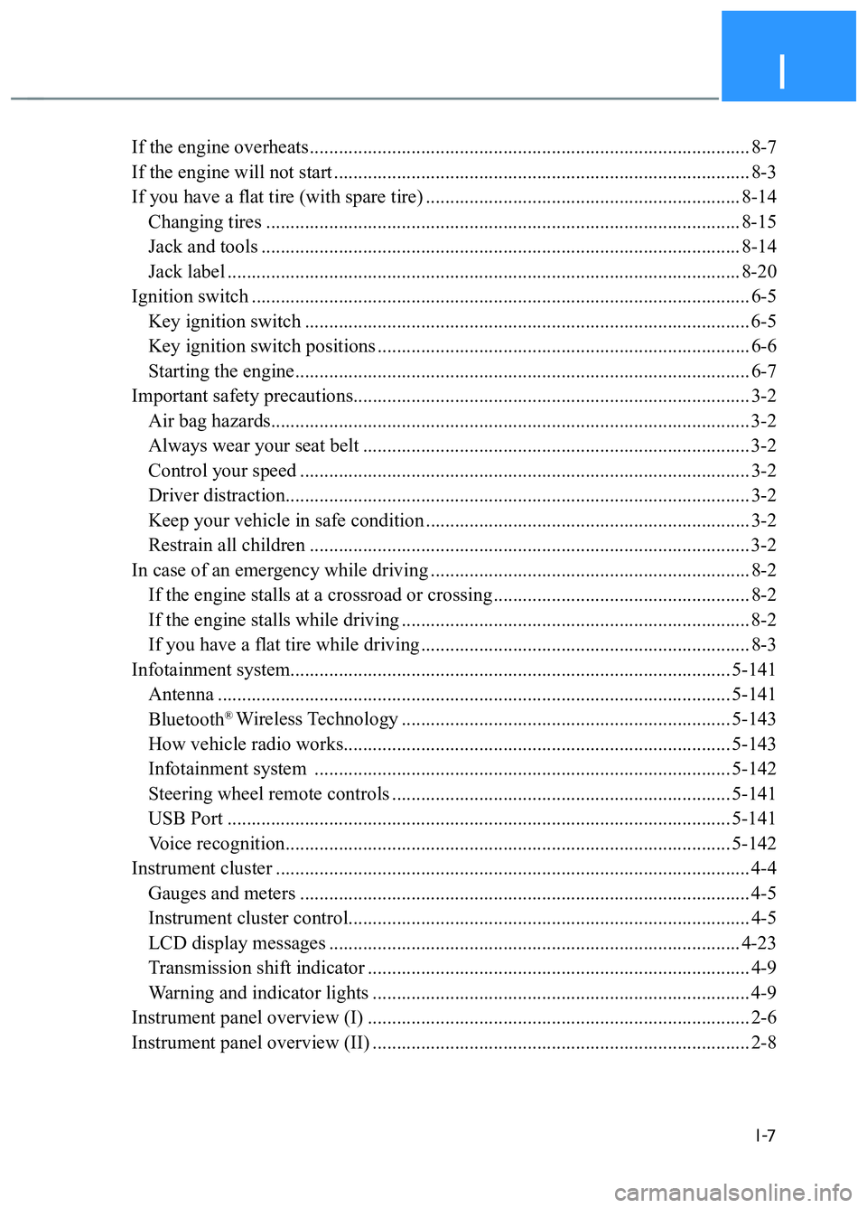 HYUNDAI TUCSON 2022 Owners Manual I
I-7
If the engine overheats ........................................................................................... 8-7
If the engine will not start .............................................