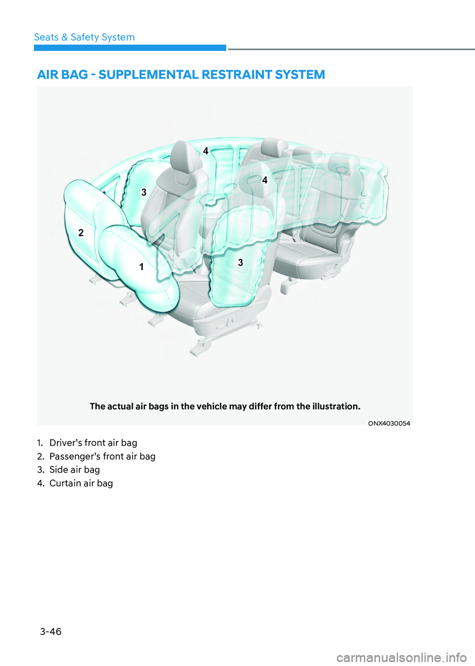 HYUNDAI TUCSON 2022 Manual PDF 3-46
Seats & Safety System
The actual air bags in the vehicle may differ from the illustration.
ONX4030054
AIR BAG - SUPPLEMENTAL RESTRAINT SYSTEM
1. Driver’s front air bag
2. Passenger’s front ai HYUNDAI TUCSON 2022 Manual PDF 3-46
Seats & Safety System
The actual air bags in the vehicle may differ from the illustration.
ONX4030054
AIR BAG - SUPPLEMENTAL RESTRAINT SYSTEM
1. Driver’s front air bag
2. Passenger’s front ai