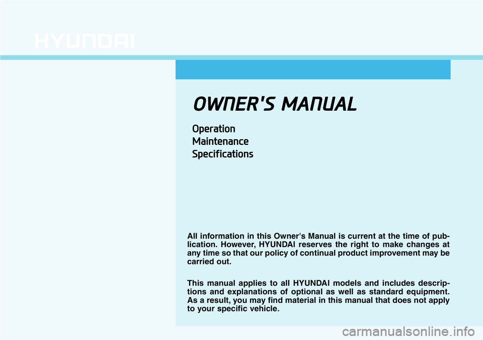 HYUNDAI VELOSTER N 2022  Owners Manual OWNER'S MANUAL
Operation
Maintenance
Specifications
All information in this Owner's Manual is current at the time of pub-
lication. However, HYUNDAI reserves the right to make changes at
any t