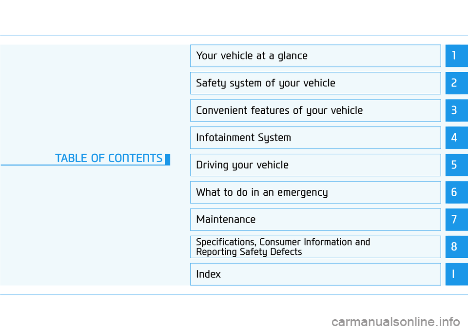 HYUNDAI VELOSTER N 2022  Owners Manual 1
2
3
4
5
6
7
8
I
Your vehicle at a glance
Safety system of your vehicle
Convenient features of your vehicle
Infotainment System
Driving your vehicle
What to do in an emergency
Maintenance
Specificati