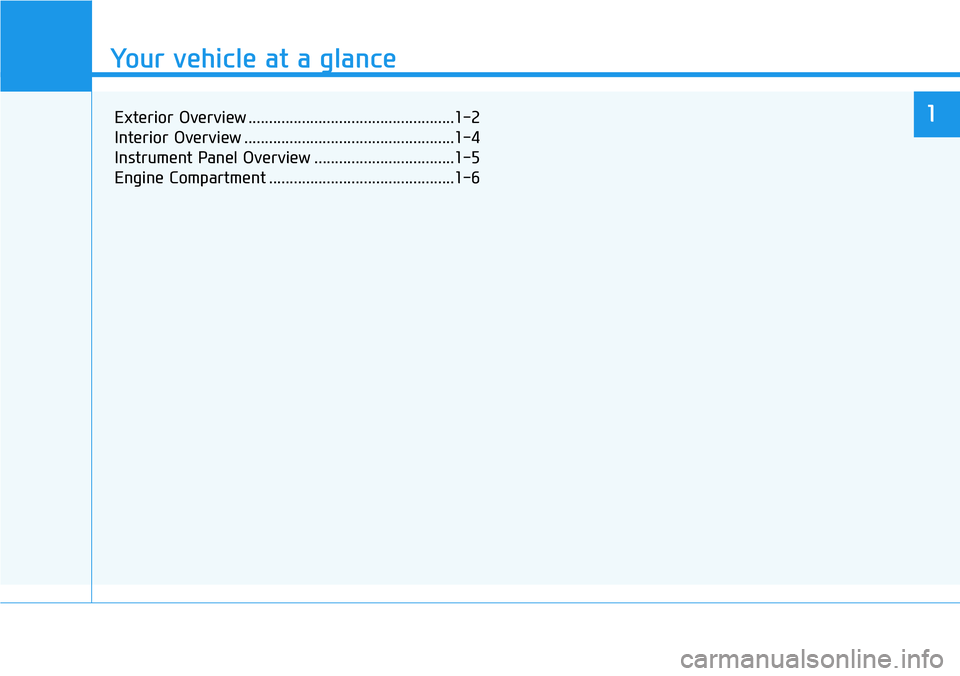 HYUNDAI VELOSTER N 2022 User Guide Your vehicle at a glance
1
Your vehicle at a glance
Exterior Overview ..................................................1-2
Interior Overview ...................................................1-4
Ins HYUNDAI VELOSTER N 2022 User Guide Your vehicle at a glance
1
Your vehicle at a glance
Exterior Overview ..................................................1-2
Interior Overview ...................................................1-4
Ins