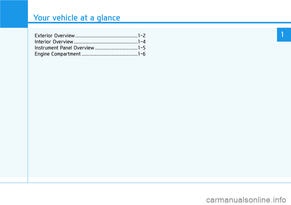 HYUNDAI VELOSTER N 2022 User Guide Your vehicle at a glance
1
Your vehicle at a glance
Exterior Overview ..................................................1-2
Interior Overview ...................................................1-4
Ins