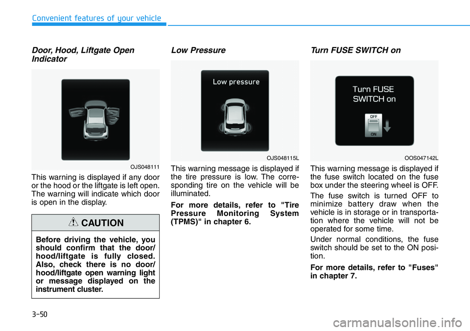 HYUNDAI VELOSTER N 2022  Owners Manual 3-50
Convenient features of your vehicle
Door, Hood, Liftgate Open
Indicator
This warning is displayed if any door
or the hood or the liftgate is left open.
The warning will indicate which door
is ope