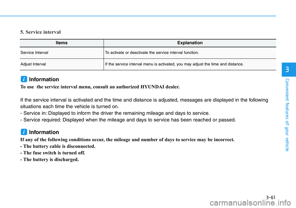 HYUNDAI VELOSTER N 2022 Owners Manual 3-61
Convenient features of your vehicle
3
ItemsExplanation
Service IntervalTo activate or deactivate the service interval function.
Adjust IntervalIf the service interval menu is activated, you may a HYUNDAI VELOSTER N 2022 Owners Manual 3-61
Convenient features of your vehicle
3
ItemsExplanation
Service IntervalTo activate or deactivate the service interval function.
Adjust IntervalIf the service interval menu is activated, you may a