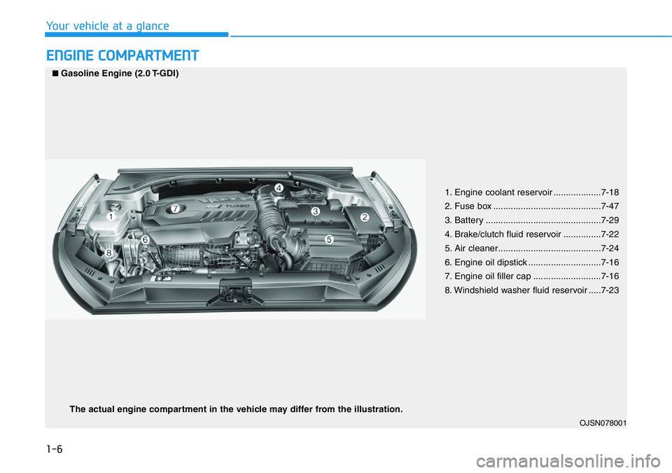 HYUNDAI VELOSTER N 2022  Owners Manual 1-6
Your vehicle at a glance
ENGINE COMPARTMENT
1. Engine coolant reservoir ...................7-18
2. Fuse box ...........................................7-47
3. Battery .............................