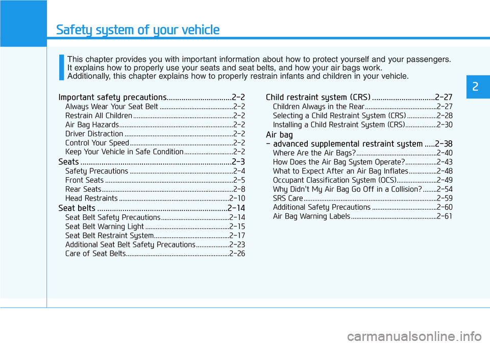 HYUNDAI VELOSTER N 2022  Owners Manual Safety system of your vehicle
Important safety precautions...............................2-2
Always Wear Your Seat Belt ..........................................2-2
Restrain All Children ............