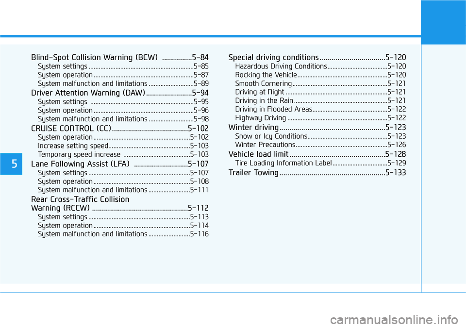 HYUNDAI VELOSTER N 2022 Owners Manual 5
Blind-Spot Collision Warning (BCW) ...............5-84
System settings ...............................................................5-85
System operation ......................................... HYUNDAI VELOSTER N 2022 Owners Manual 5
Blind-Spot Collision Warning (BCW) ...............5-84
System settings ...............................................................5-85
System operation .........................................