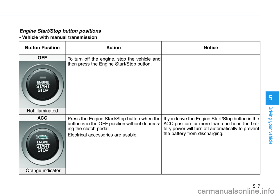 HYUNDAI VELOSTER N 2022 Owners Manual 5-7
Driving your vehicle
5
Engine Start/Stop button positions
- Vehicle with manual transmission
Button Position Action Notice
OFF
To turn off the engine, stop the vehicle and
then press the Engine S HYUNDAI VELOSTER N 2022 Owners Manual 5-7
Driving your vehicle
5
Engine Start/Stop button positions
- Vehicle with manual transmission
Button Position Action Notice
OFF
To turn off the engine, stop the vehicle and
then press the Engine S