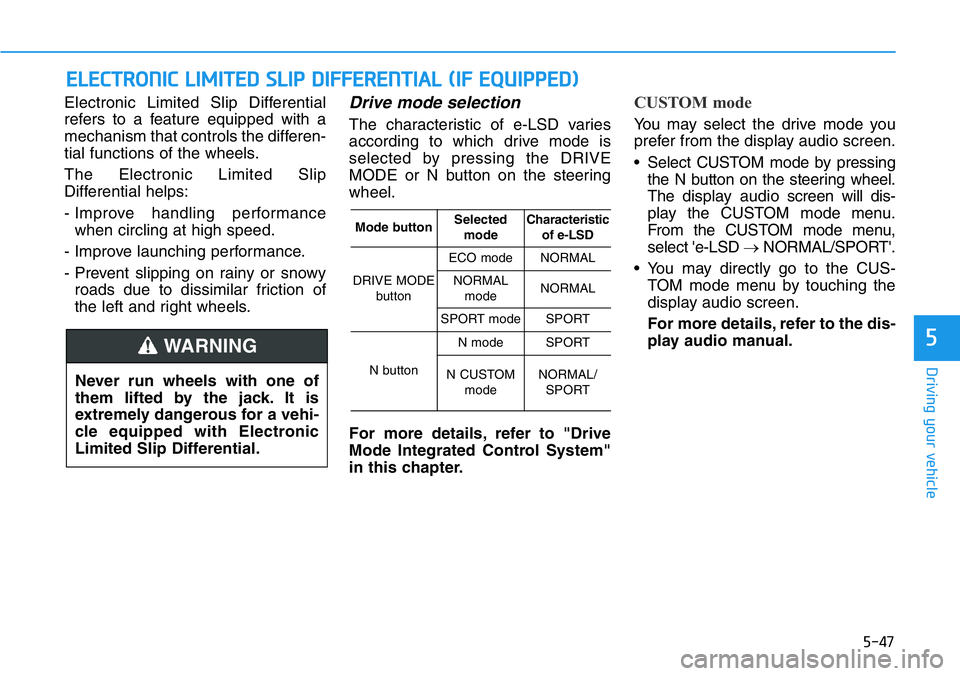HYUNDAI VELOSTER N 2022 Owners Manual 5-47
Driving your vehicle
5
Electronic Limited Slip Differential
refers to a feature equipped with a
mechanism that controls the differen-
tial functions of the wheels.
The Electronic Limited Slip
Dif HYUNDAI VELOSTER N 2022 Owners Manual 5-47
Driving your vehicle
5
Electronic Limited Slip Differential
refers to a feature equipped with a
mechanism that controls the differen-
tial functions of the wheels.
The Electronic Limited Slip
Dif