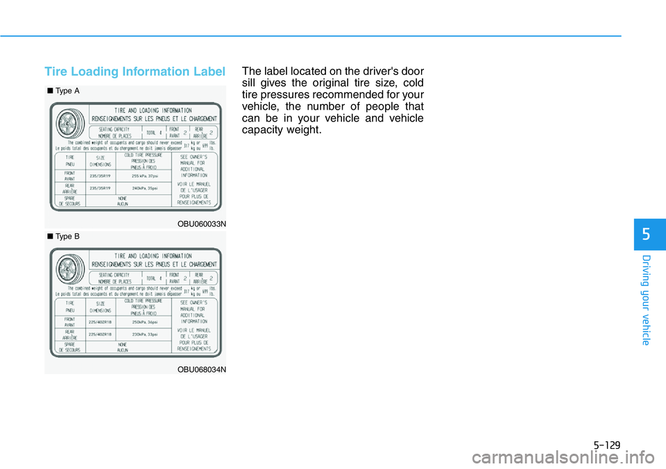 HYUNDAI VELOSTER N 2022  Owners Manual 5-129
Driving your vehicle
5
Tire Loading Information LabelThe label located on the driver's door
sill gives the original tire size, cold
tire pressures recommended for your
vehicle, the number of