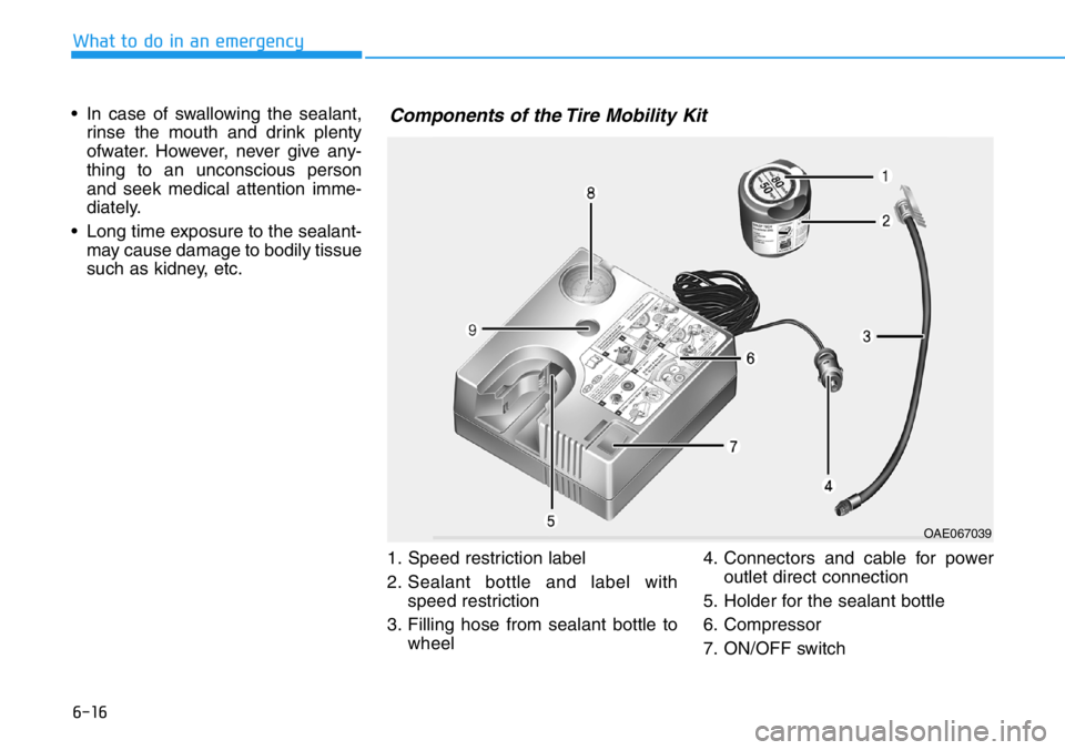 HYUNDAI VELOSTER N 2022 Owners Manual 6-16
What to do in an emergency
• In case of swallowing the sealant,
rinse the mouth and drink plenty
ofwater. However, never give any-
thing to an unconscious person
and seek medical attention imme HYUNDAI VELOSTER N 2022 Owners Manual 6-16
What to do in an emergency
• In case of swallowing the sealant,
rinse the mouth and drink plenty
ofwater. However, never give any-
thing to an unconscious person
and seek medical attention imme