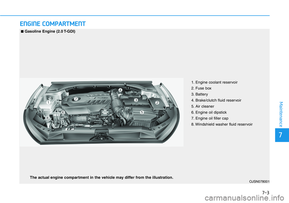HYUNDAI VELOSTER N 2022 Owners Manual 7-3
7
Maintenance
ENGINE COMPARTMENT
OJSN078001
■Gasoline Engine (2.0 T-GDI)
1. Engine coolant reservoir
2. Fuse box
3. Battery
4. Brake/clutch fluid reservoir
5. Air cleaner
6. Engine oil dipsti HYUNDAI VELOSTER N 2022 Owners Manual 7-3
7
Maintenance
ENGINE COMPARTMENT
OJSN078001
■Gasoline Engine (2.0 T-GDI)
1. Engine coolant reservoir
2. Fuse box
3. Battery
4. Brake/clutch fluid reservoir
5. Air cleaner
6. Engine oil dipsti