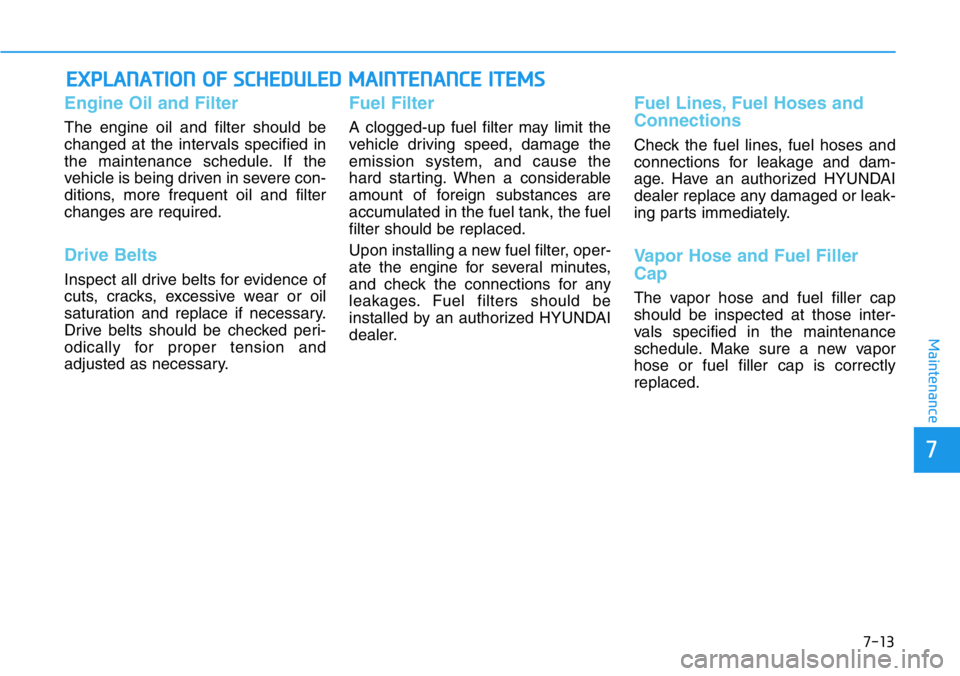 HYUNDAI VELOSTER N 2022  Owners Manual 7-13
7
Maintenance
EXPLANATION OF SCHEDULED MAINTENANCE ITEMS
Engine Oil and Filter
The engine oil and filter should be
changed at the intervals specified in
the maintenance schedule. If the
vehicle i