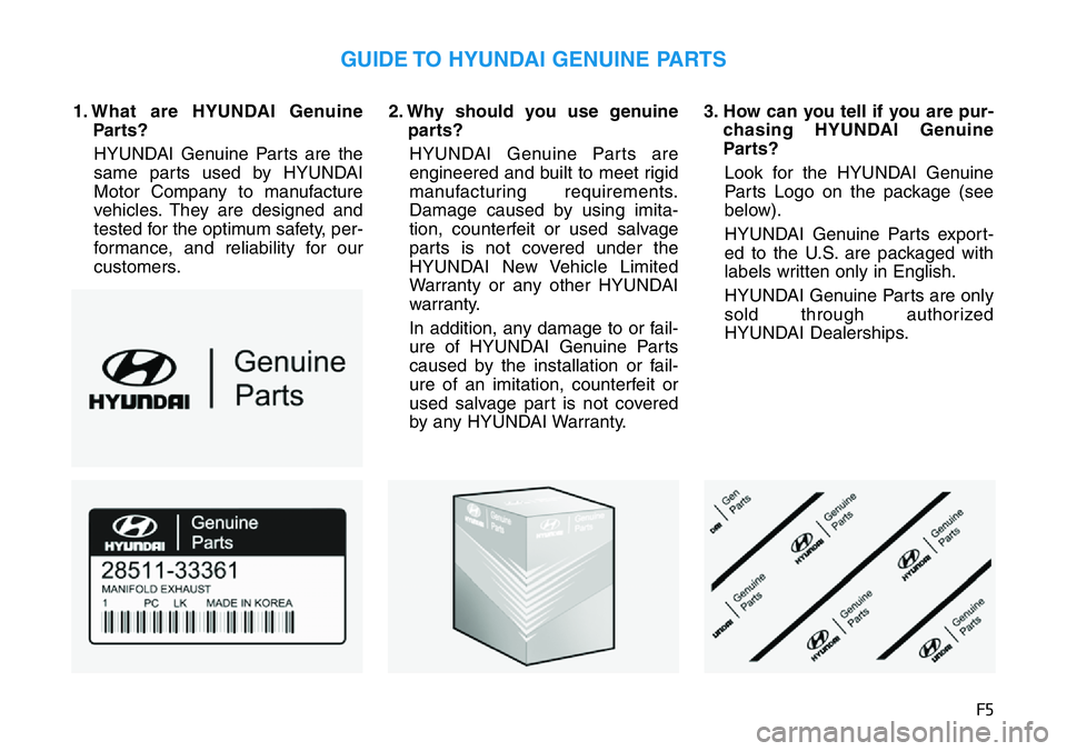 HYUNDAI VELOSTER N 2022  Owners Manual F5
1. What are HYUNDAI Genuine
Parts?
HYUNDAI Genuine Parts are the
same parts used by HYUNDAI
Motor Company to manufacture
vehicles. They are designed and
tested for the optimum safety, per-
formance