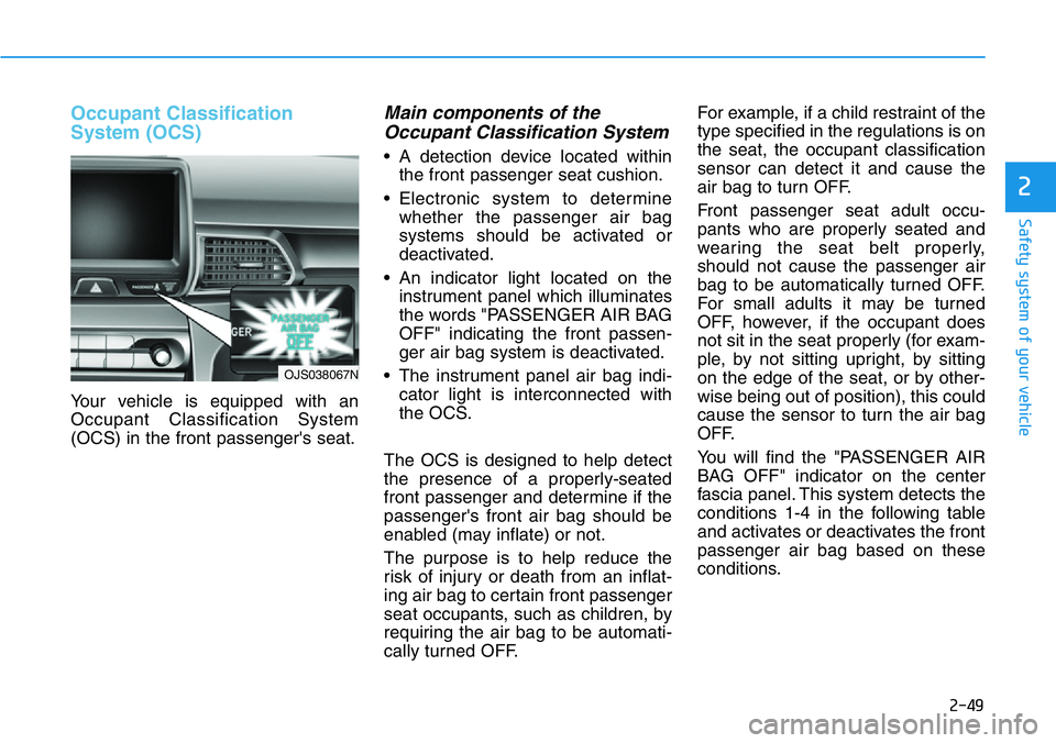 HYUNDAI VELOSTER N 2022 Owners Manual 2-49
Safety system of your vehicle
2
Occupant Classification
System (OCS)
Your vehicle is equipped with an
Occupant Classification System
(OCS) in the front passenger's seat.
Main components of th HYUNDAI VELOSTER N 2022 Owners Manual 2-49
Safety system of your vehicle
2
Occupant Classification
System (OCS)
Your vehicle is equipped with an
Occupant Classification System
(OCS) in the front passenger's seat.
Main components of th