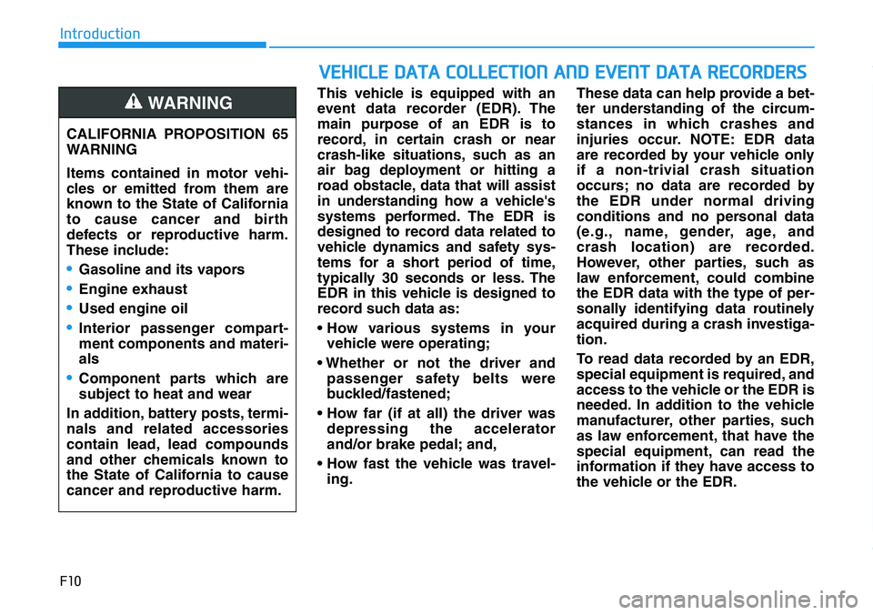 HYUNDAI VELOSTER N 2022 Owners Manual F10
Introduction
This vehicle is equipped with an
event data recorder (EDR). The
main purpose of an EDR is to
record, in certain crash or near
crash-like situations, such as an
air bag deployment or h HYUNDAI VELOSTER N 2022 Owners Manual F10
Introduction
This vehicle is equipped with an
event data recorder (EDR). The
main purpose of an EDR is to
record, in certain crash or near
crash-like situations, such as an
air bag deployment or h