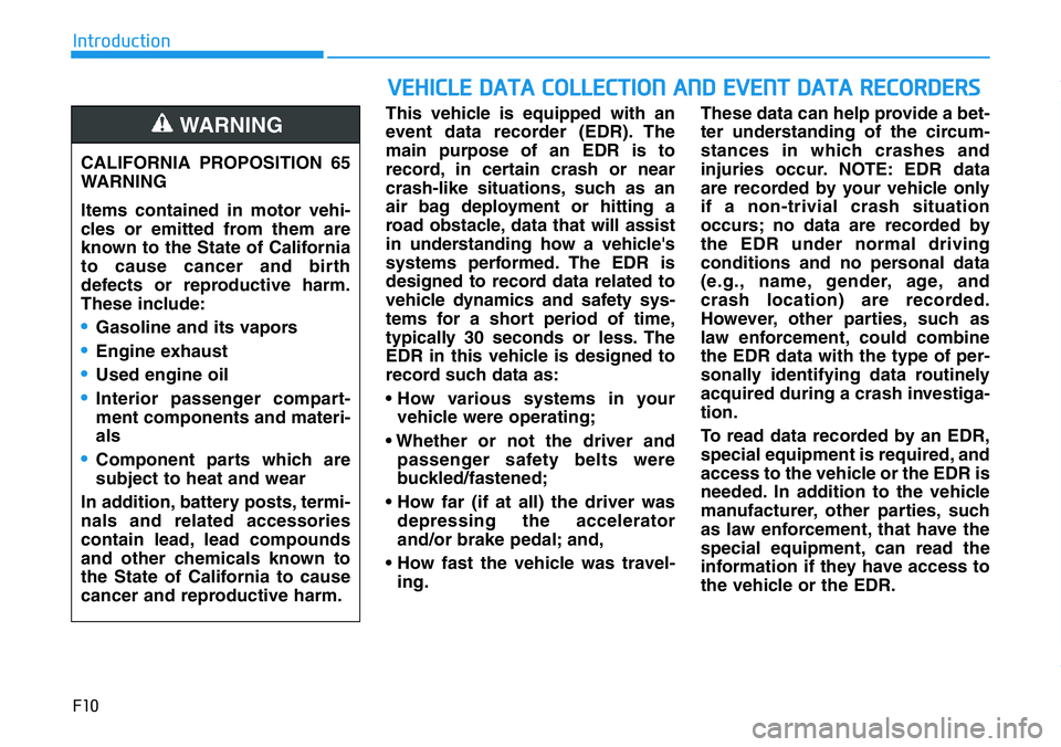 HYUNDAI VELOSTER N 2022  Owners Manual F10
Introduction
This vehicle is equipped with an
event data recorder (EDR). The
main purpose of an EDR is to
record, in certain crash or near
crash-like situations, such as an
air bag deployment or h