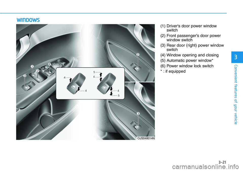 HYUNDAI VELOSTER N 2022 Owners Manual 3-21
Convenient features of your vehicle
3
(1) Driver's door power window
switch
(2) Front passenger's door power
window switch
(3) Rear door (right) power window
switch
(4) Window opening and HYUNDAI VELOSTER N 2022 Owners Manual 3-21
Convenient features of your vehicle
3
(1) Driver's door power window
switch
(2) Front passenger's door power
window switch
(3) Rear door (right) power window
switch
(4) Window opening and