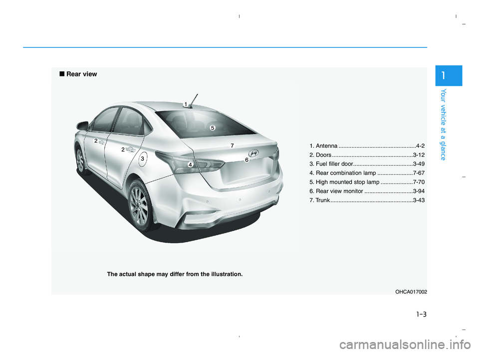 HYUNDAI ACCENT 2023 User Guide 1-3
Your vehicle at a glance
1
OHCA017002
■ ■
Rear view
The actual shape may differ from the illustration.1. Antenna ................................................4-2
2. Doors ............... HYUNDAI ACCENT 2023 User Guide 1-3
Your vehicle at a glance
1
OHCA017002
■ ■
Rear view
The actual shape may differ from the illustration.1. Antenna ................................................4-2
2. Doors ...............