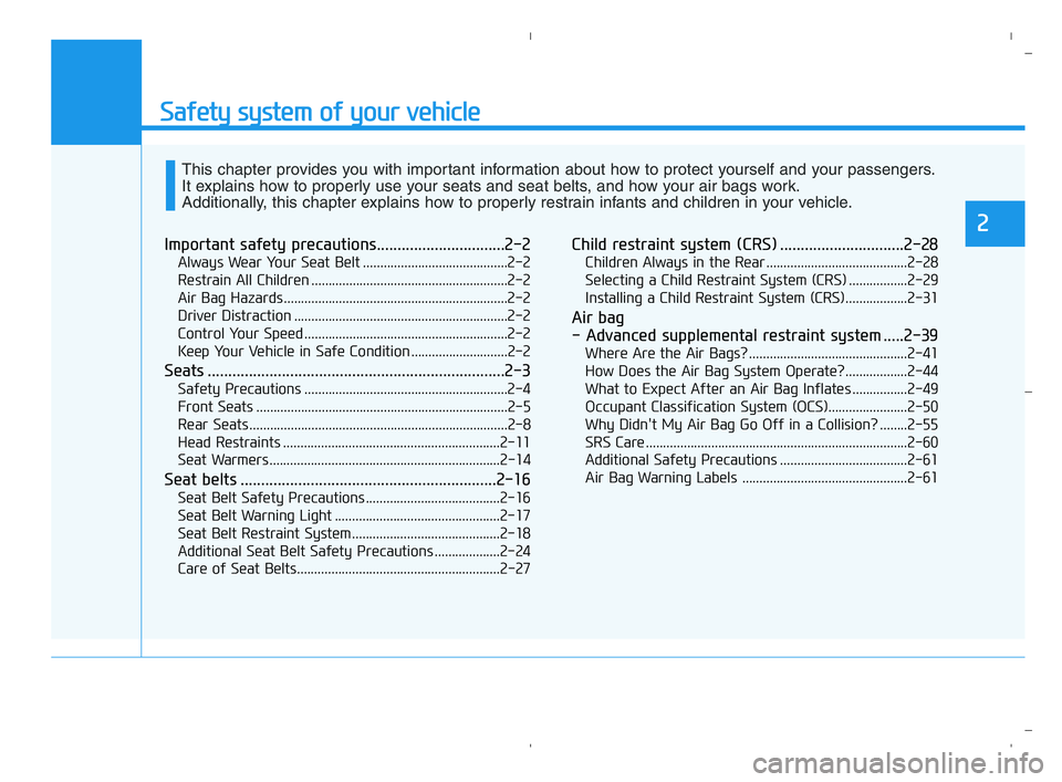 HYUNDAI ACCENT 2023 User Guide Safety system of your vehicle
Important safety precautions...............................2-2
Always Wear Your Seat Belt ..........................................2-2
Restrain All Children ............ HYUNDAI ACCENT 2023 User Guide Safety system of your vehicle
Important safety precautions...............................2-2
Always Wear Your Seat Belt ..........................................2-2
Restrain All Children ............